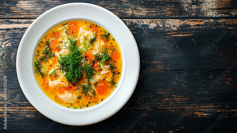 Delicious bowl of chicken soup with carrots, herbs, and spices, steaming on a dark wood table Delicious bowl of chicken soup with carrots, herbs, and spices, steaming on a dark wood table