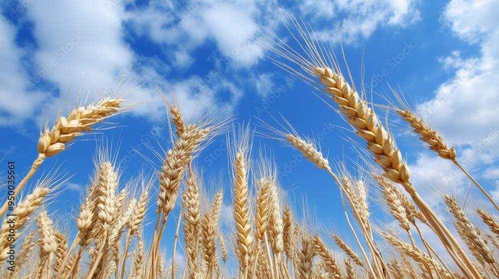 Sunny blue skies with fluffy clouds over a golden wheat field Sunny blue skies with fluffy clouds over a golden wheat field