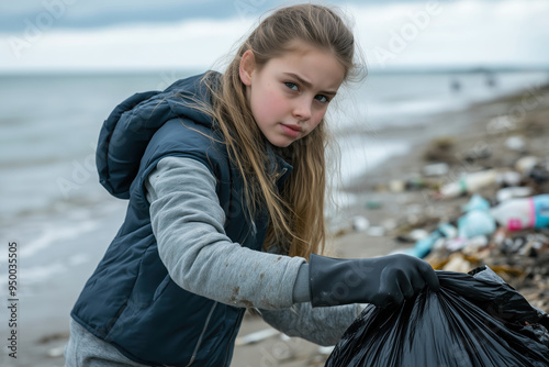 Teenage girl picking up trash and garbage for seaside beach cleanup, holding a plastic bag in hand, copy space on background