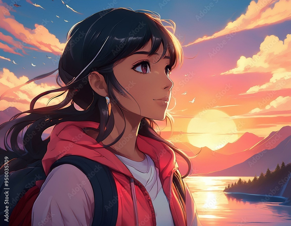 Anime girl watching the sunset.. AI Anime girl watching the sunset.. AI