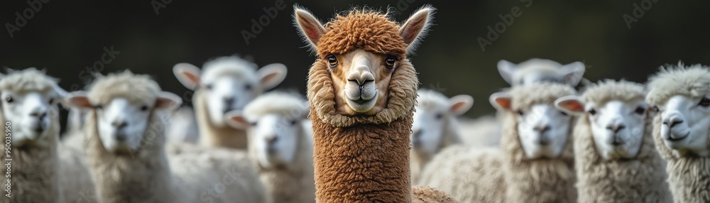 Brown alpaca standing confidently among a flock of white sheep, centered Brown alpaca standing confidently among a flock of white sheep, centered