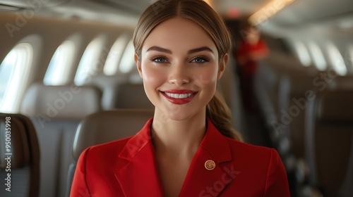 Cheerful flight attendant in a red uniform, standing in an empty airplane aisle photo