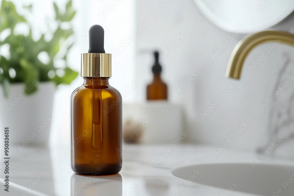 Skin care essence serum bottle in the bathroom on light background. Vitamins for skin. Hydrating anti aging serum with collagen and peptides. Cosmetics, daily face care routine Skin care essence serum bottle in the bathroom on light background. Vitamins for skin. Hydrating anti aging serum with collagen and peptides. Cosmetics, daily face care routine