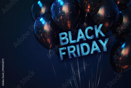 Black friday text made of blue glitter hanging on black balloons with dark blue background photo