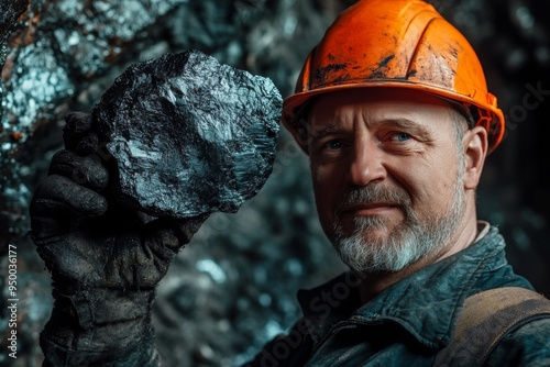 A close-up view of a miner holding coal, with a rugged background and facial details that portray the harsh conditions of mining.