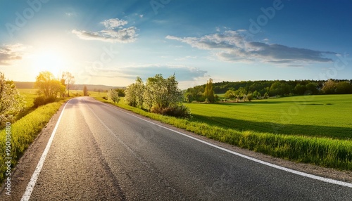 asphalt road panorama in countryside on sunny spring evening