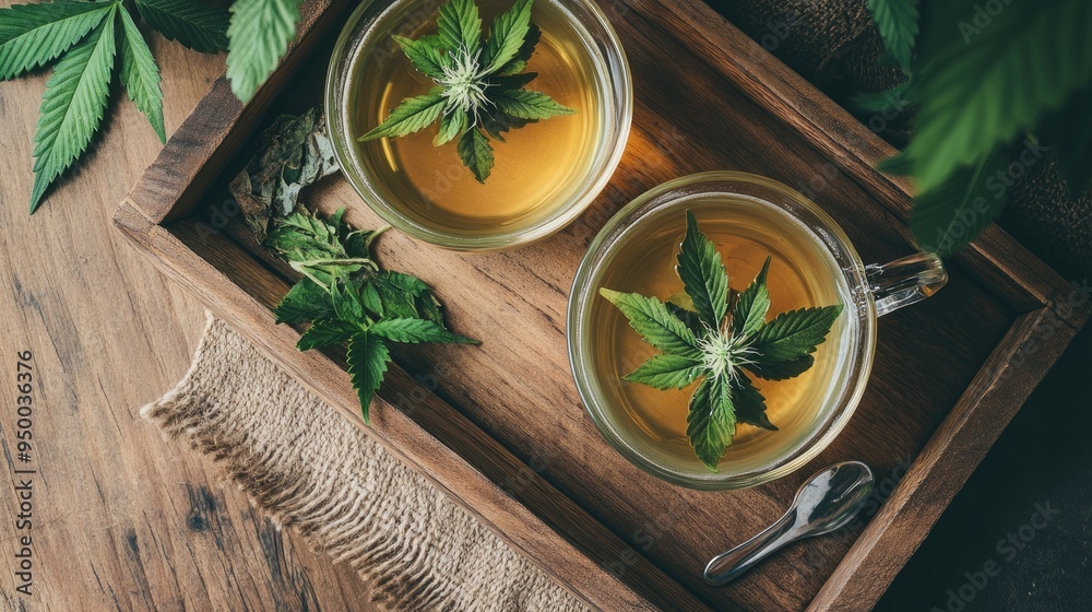 Herbal tea garnished with cannabis leaves, displayed on a rustic wooden tray, perfect for a relaxing, natural beverage setting. Herbal tea garnished with cannabis leaves, displayed on a rustic wooden tray, perfect for a relaxing, natural beverage setting.