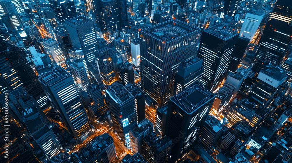 Modern skyscraping city towers and buildings illuminated at night timelapse during the blue hour aerial rooftop view Modern skyscraping city towers and buildings illuminated at night timelapse during the blue hour aerial rooftop view