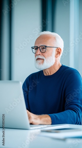 An older man wearing glasses is sitting at a desk with a laptop in front of him