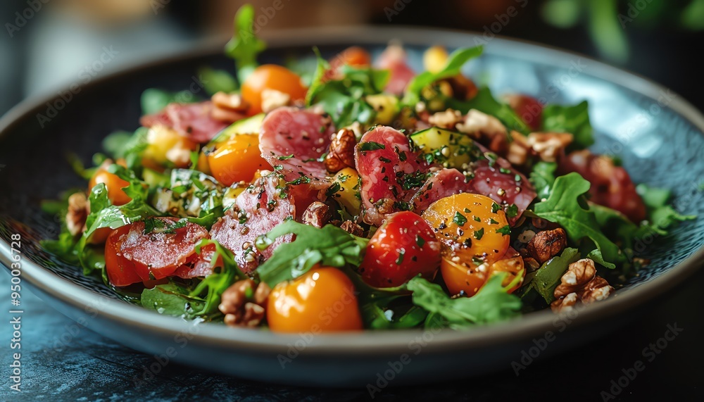 Fresh salad with mixed vegetables, nuts, and cured meats, vibrant and appetizing Fresh salad with mixed vegetables, nuts, and cured meats, vibrant and appetizing