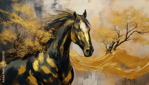 Background with abstract artistic elements. Vintage illustration with horse, chinoiserie, golden brushstrokes. Textured background. Oil on canvas. Graphic art for wallpaper, posters, cards, murals
