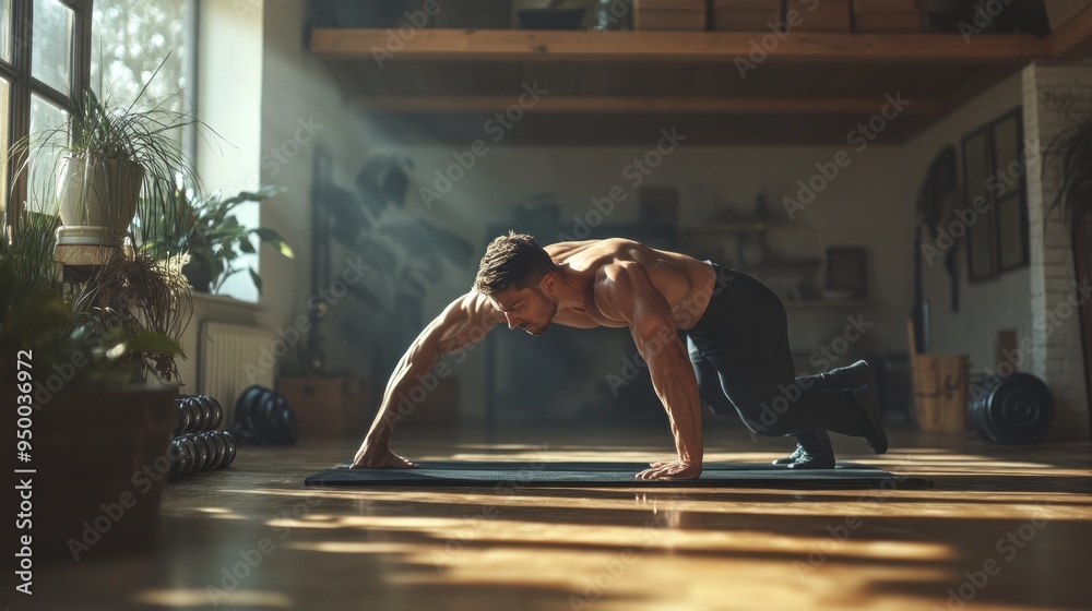 Fototapeta premium A man is doing a push up on a mat in a gym