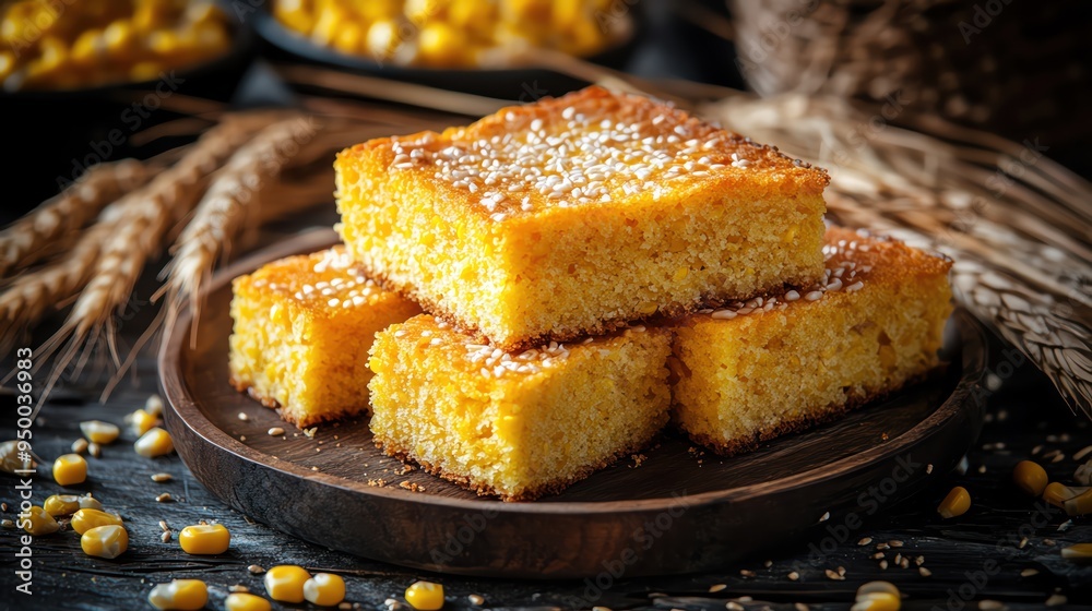 Golden cornbread slices with wheat and corn cobs, rustic farmtotable setup Golden cornbread slices with wheat and corn cobs, rustic farmtotable setup