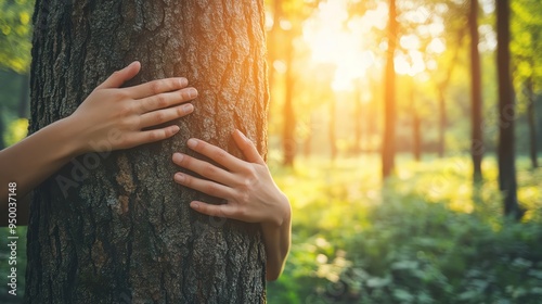 Fototapeta Naklejka Na Ścianę i Meble -  Hands tightly hugging a large tree trunk, forest bathed in soft sunlight