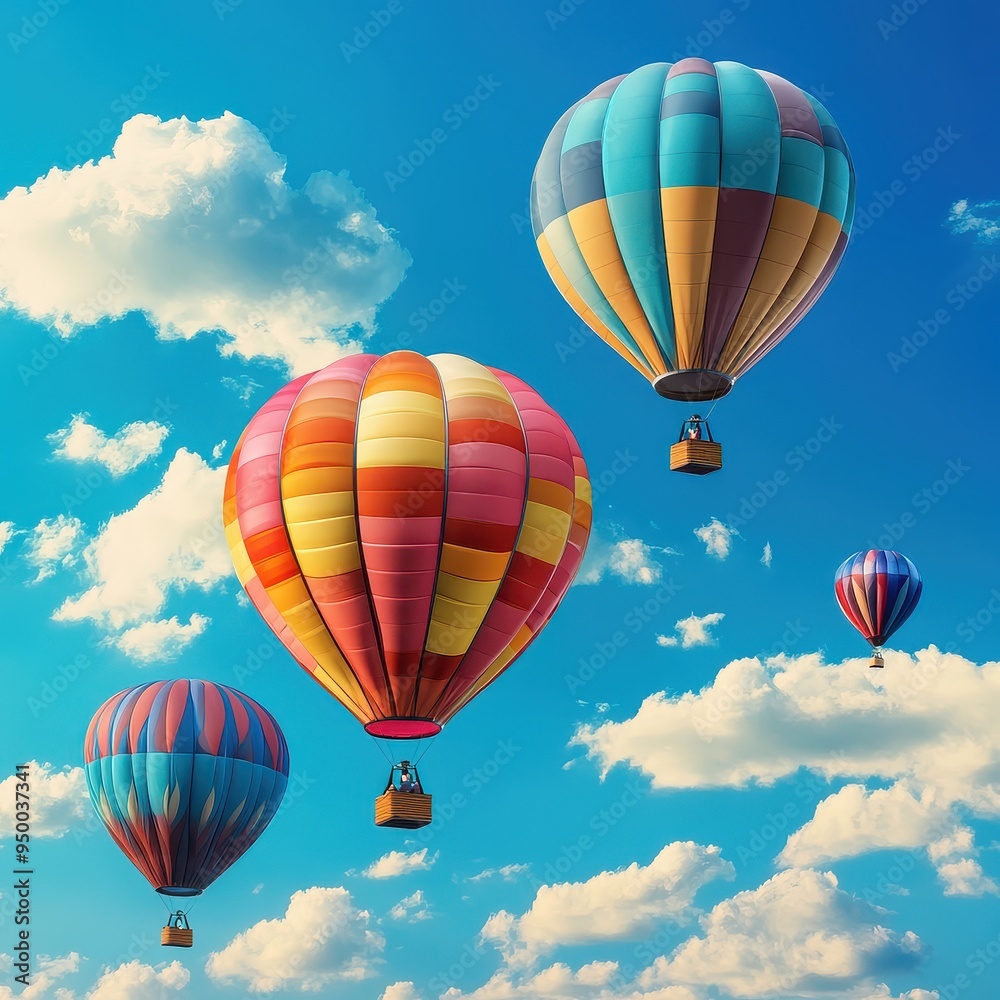 Fototapeta premium Rainbow hot air balloon in the blue sky