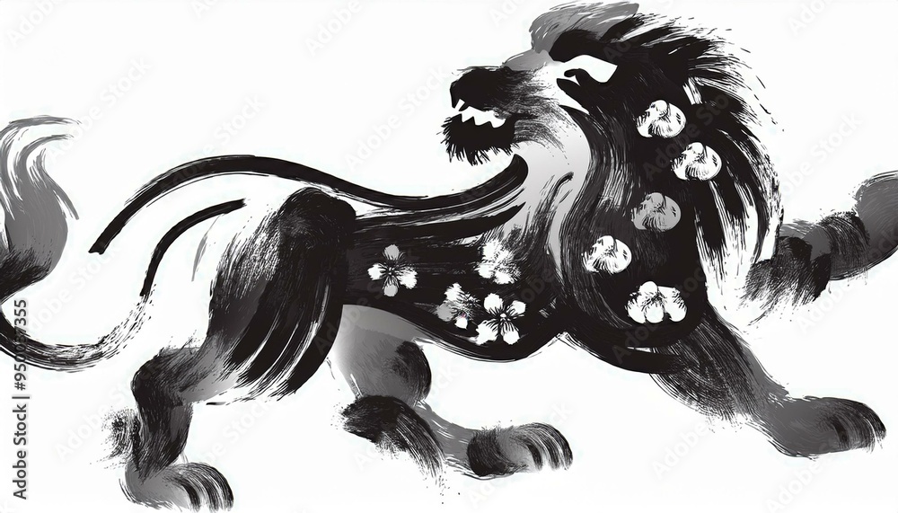 Black and gray Chinese brush stroke calligraphy drawing inking of a lion Black and gray Chinese brush stroke calligraphy drawing inking of a lion