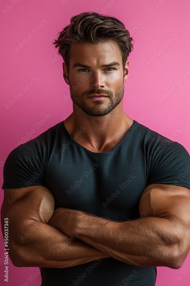 Muscular man posing confidently against a pink backdrop, showing strength Muscular man posing confidently against a pink backdrop, showing strength