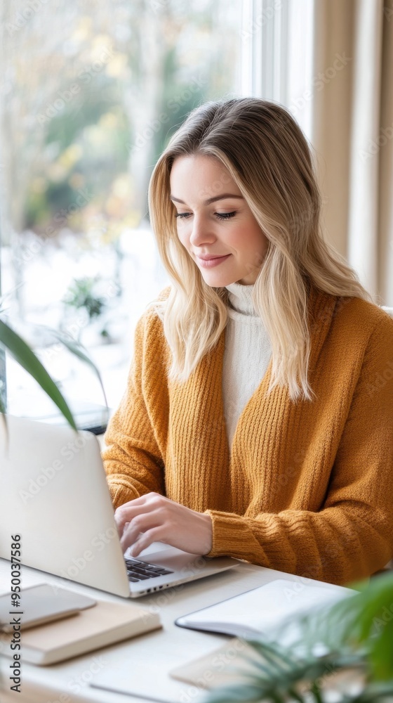 A professional businesswoman working from home, sitting at a desk with a laptop, surrounded by a cozy and organized home office setup, balancing work and life responsibilities A professional businesswoman working from home, sitting at a desk with a laptop, surrounded by a cozy and organized home office setup, balancing work and life responsibilities