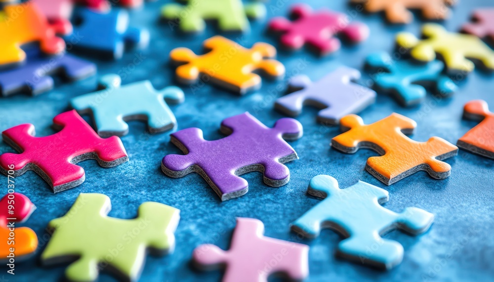 Scattered colorful puzzle pieces on a blue surface, playful arrangement Scattered colorful puzzle pieces on a blue surface, playful arrangement