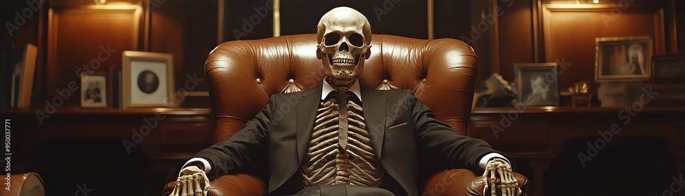 Skeleton dressed in a suit sitting in a leather chair, dim office lighting, eerie and humorous, detailed textures Skeleton dressed in a suit sitting in a leather chair, dim office lighting, eerie and humorous, detailed textures