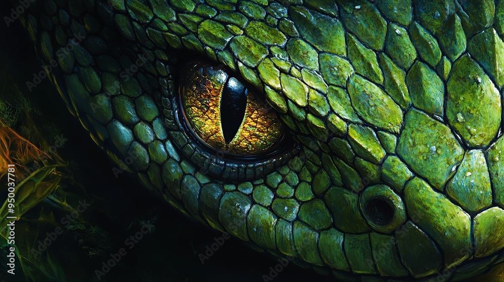 Obraz premium A vivid close-up of a vibrant green serpent, showcasing its intricate scales and piercing gaze, capturing the essence of its potential danger. 