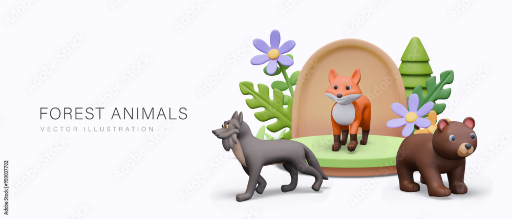 Fototapeta premium Vector scene with forest animals. 3D fox, bear, wolf, plants. Cute vector outdoor composition