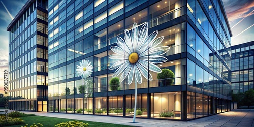 A futuristic daisy blooms amidst the reflective face of a modern office building, where sleek lines and glass windows meet in a harmonious fusion. photo