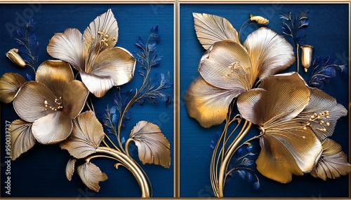 Blue and gold floral 3D wall art panels on textured background