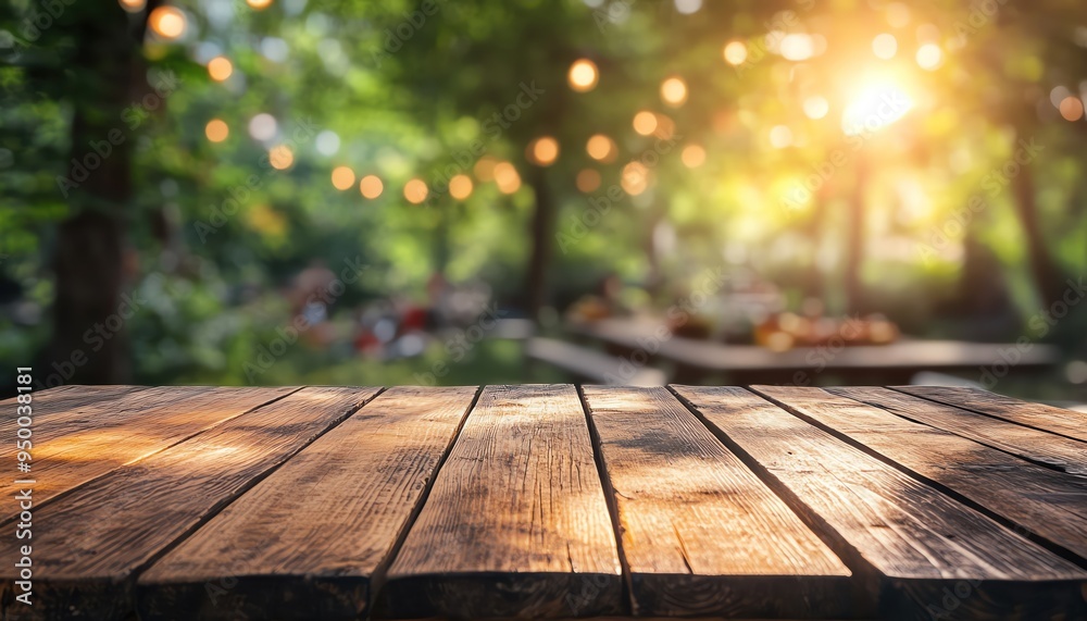 Wooden table with blurred barbecue picnic scene in the background, vibrant summer colors, inviting composition
