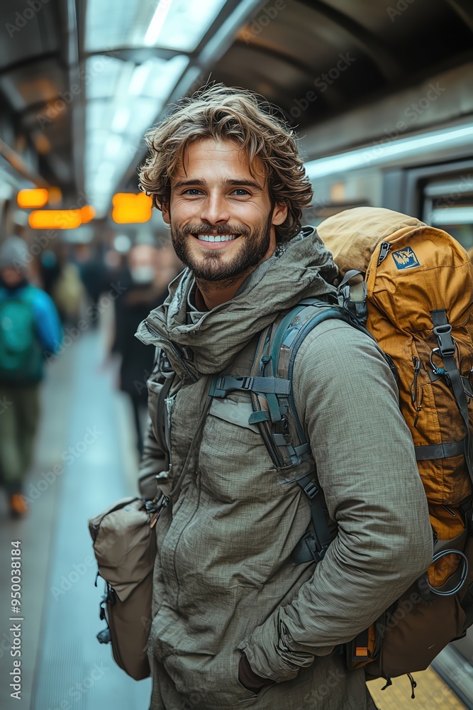 Young man smiling at a subway station, ready for an adventure with a backpack Young man smiling at a subway station, ready for an adventure with a backpack