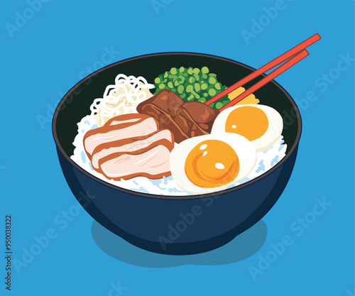 Bibimbap Bowl Illustration, Flat Vector, Korean Cuisine, Isolated on White, Ideal for Restaurant Menus and Food Blogs