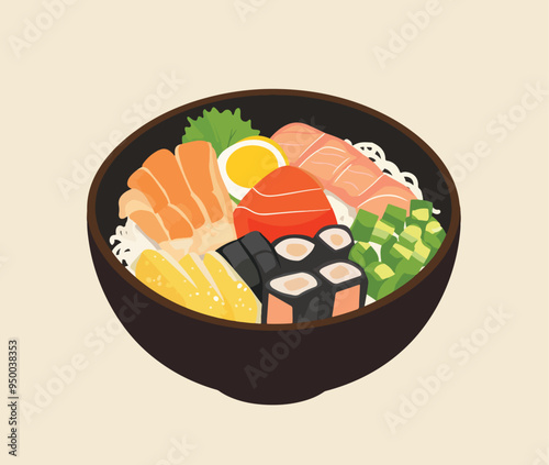 Sushi Platter Illustration, Flat Vector, Japanese Food, Isolated on White, Suitable for Menus and Food Blogs