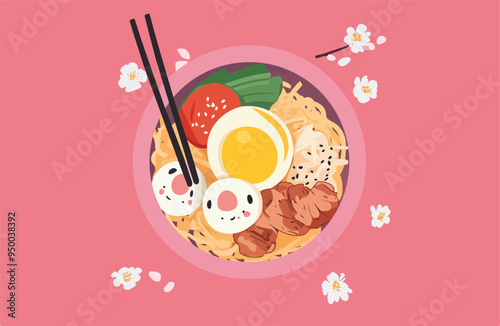 Anime Bowl of Ramen Illustration Flat Vector