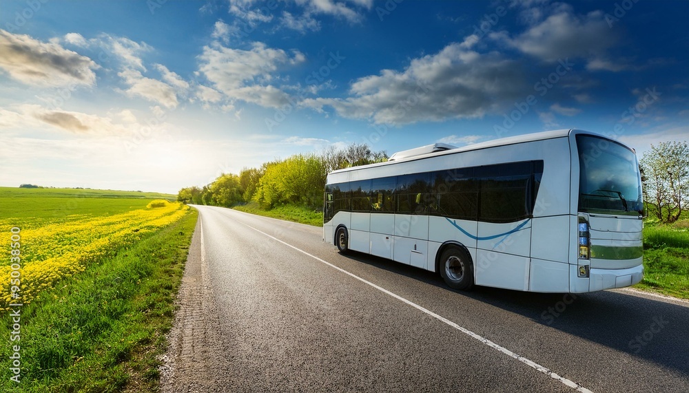 Bus on asphalt road in beautiful spring day at countryside