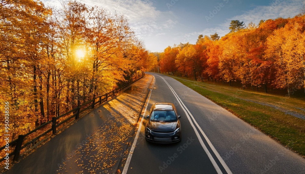 Fototapeta premium Car on asphalt road on autumnr day at park