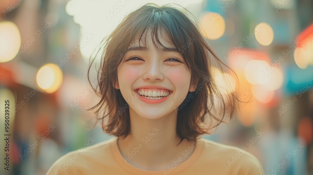 Japanese woman in her 20s, casually dressed in a t-shirt, smiling brightly, capturing a moment of pure joy. Japanese woman in her 20s, casually dressed in a t-shirt, smiling brightly, capturing a moment of pure joy.