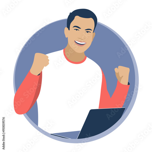 The young man received success and achievements in computer work. Victory. Flat design. Vector illustration