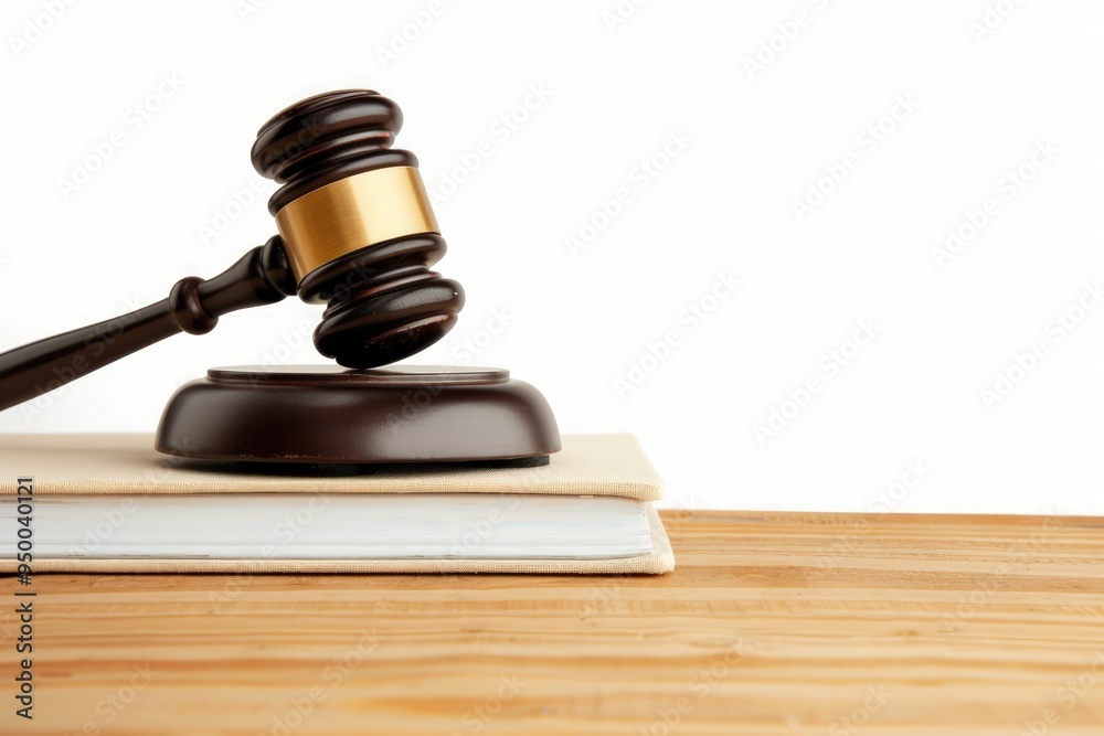 A gavel and a law book placed on a wooden table, representing justice and human rights, isolated on a clean white background. A gavel and a law book placed on a wooden table, representing justice and human rights, isolated on a clean white background.