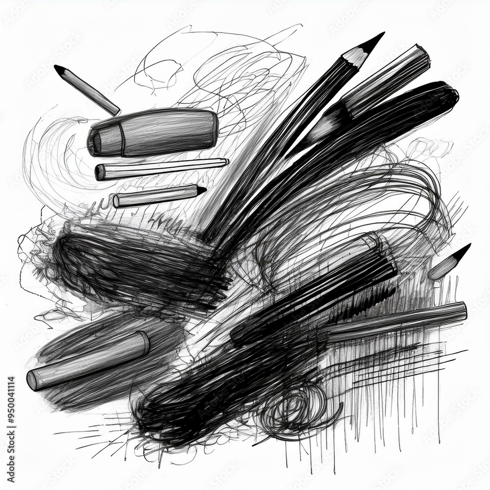 Detailed brush work, charcoal strokes, chalk marks, crayon marks, black pencils, pen markers, paint graffiti, grunge effect isolated on white background. Illustration with ink.