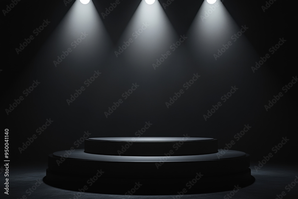 Three spotlights are illuminating a black round podium on a dark background Three spotlights are illuminating a black round podium on a dark background