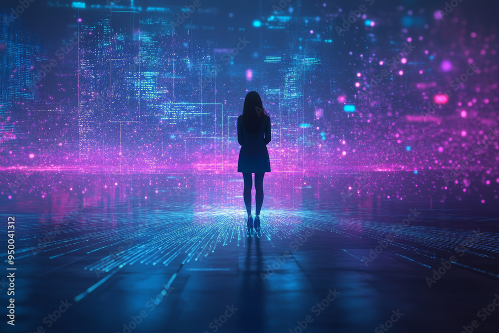 Businesswoman standing - Female figure observing a vast digital cityscape with blue and pink hues, representing the intersection of technology and human experience. Businesswoman standing - Female figure observing a vast digital cityscape with blue and pink hues, representing the intersection of technology and human experience.