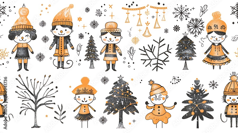 Naklejka premium Seamless pattern of Nutcracker soldiers, ballerinas, and mice in a whimsical dance, set against a festive stage backdrop with twinkling lights and snowflakes.