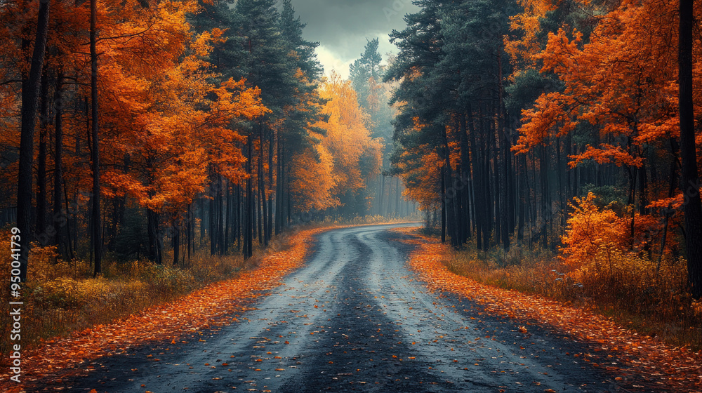 Autumn roads through pine forests, with leaves changing color and a carpet of fallen needles. Autumn roads through pine forests, with leaves changing color and a carpet of fallen needles.