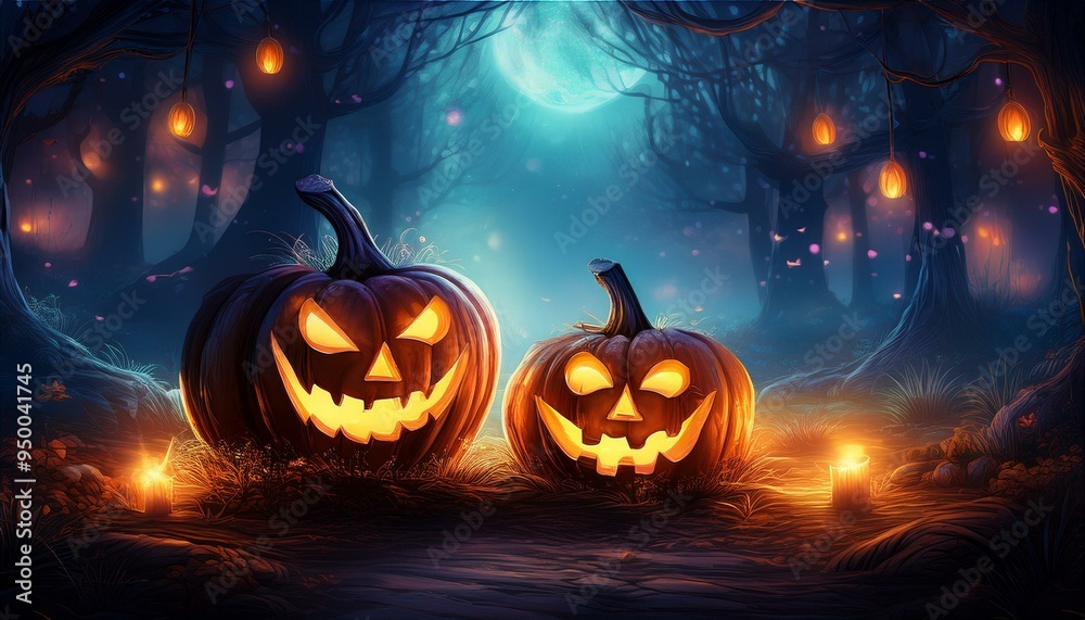 Fototapeta premium Enchanted Halloween Night Two glowing jack-o'-lanterns with mischievous grins sit in a mystical forest, bathed in the ethereal glow of fireworks and fairy lights, creating a captivating scene.