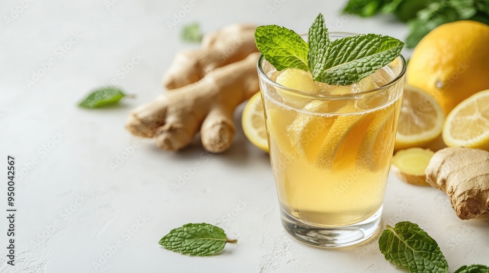 Fototapeta premium Lemon ginger tea in a glass, garnished with mint, surrounded by fresh ingredients on a white background, representing wellness and vitality.