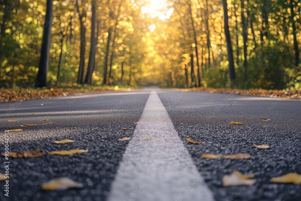 A quiet, empty road runs between tall trees adorned with autumn leaves, capturing a serene fall scene. A quiet, empty road runs between tall trees adorned with autumn leaves, capturing a serene fall scene.