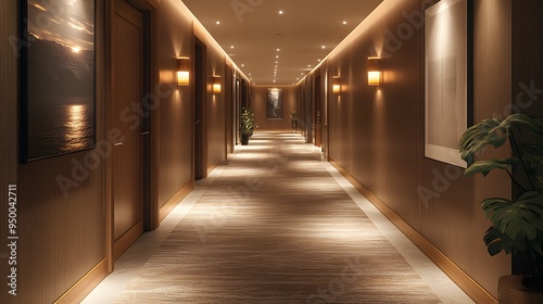 Grand corridor with rich brown decor, soft plush carpet, and gentle diffused lighting for a welcoming and refined atmosphere.