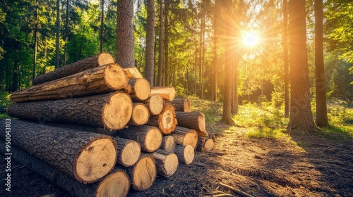 Wood from a forest stacked with chopped firewood for the lumber industry, forest, logs, stacked. photo