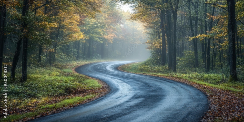 Fototapeta premium A misty forest road winding through dense trees, creating an eerie and mysterious atmosphere in the fog-covered landscape.