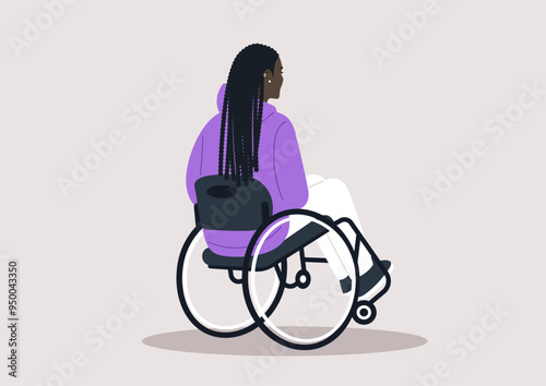 A young individual in a vibrant purple hoodie sits comfortably in a wheelchair, embodying resilience and style, lost in thought against a simple, calming background